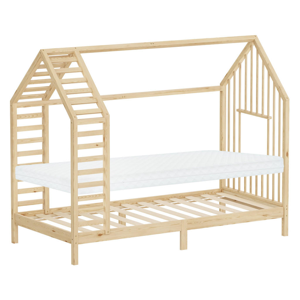 ML-DESIGN DĚTSKÁ POSTEL 90 x 200 cm s matrací, lamelovým roštem a střechou, postel ve tvaru domečku z masivního borovicového dřeva, přírodní