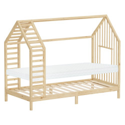 ML-DESIGN DĚTSKÁ POSTEL 90 x 200 cm s matrací, lamelovým roštem a střechou, postel ve tvaru domečku z masivního borovicového dřeva, přírodní