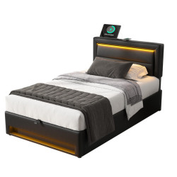 Modfu ČALOUNĚNÁ postel z PU 90x190 cm černá s LED osvětlením, USB nabíjením a úložným prostorem