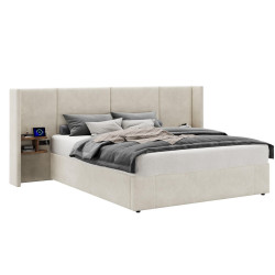 Modfu ČALOUNĚNÁ postel ze sametu 160x200 cm béžová s USB, zásuvkami, úložným prostorem a 2 nočními stolky