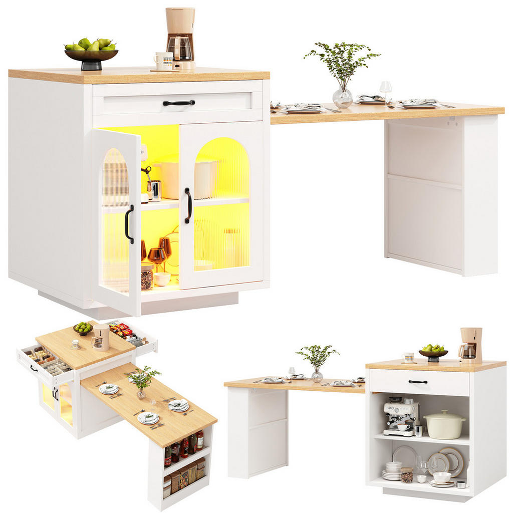 Modfu KUCHYŇSKÝ ostrůvek z MDF 126-196x59x94 cm bílý s RGB LED osvětlením, nastavitelnou deskou a úložným prostorem