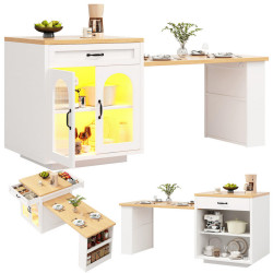 Modfu KUCHYŇSKÝ ostrůvek z MDF 126-196x59x94 cm bílý s RGB LED osvětlením, nastavitelnou deskou a úložným prostorem