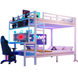 Modfu PATROVÁ postel z kovu a MDF 140x200 cm bílá s psacím stolem, LED světelným páskem, USB a bezpečnostním zábradlím