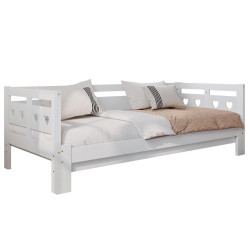 Modfu ROZKLÁDACÍ denní postel z borovicového dřeva a MDF 196x98-187x66 cm bílá srdcový design, výsuvné lůžko a úložný prostor