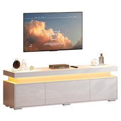 Modfu TV stolek z dřevotřísky 150x35x43 cm bílý s LED osvětlením, 3 dvířky a 4 přihrádkami