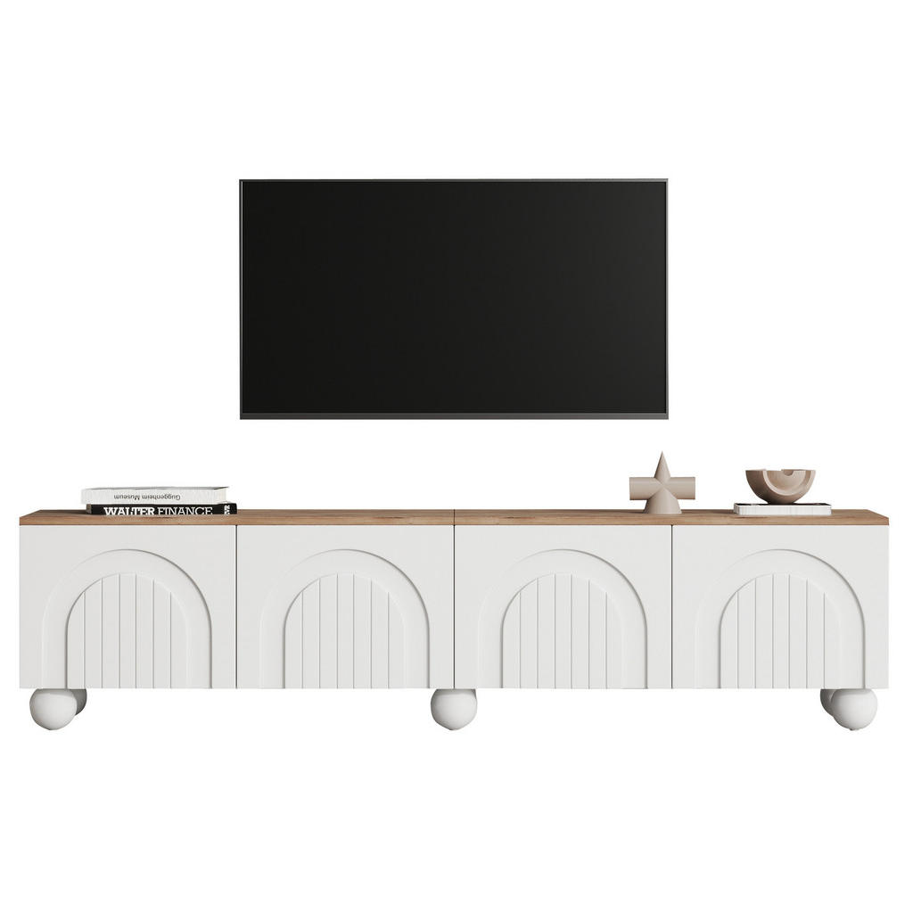 Modfu TV stolek z MDF 180x40x45 cm bílá a dubový dekor se 4 dvířky, 6 kovovými nohami a úložným prostorem