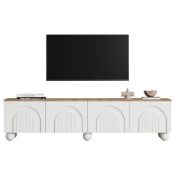 Modfu TV stolek z MDF 180x40x45 cm bílá a dubový dekor se 4 dvířky, 6 kovovými nohami a úložným prostorem