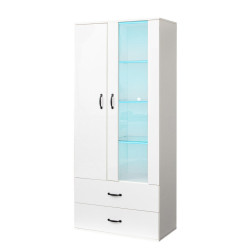 Modfu VITRÍNA z dřevotřísky 59,5x182x35 cm bílá s LED osvětlením, 2 dvířky a 2 zásuvkami