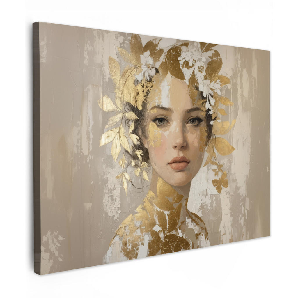 MuchoWow OBRAZ NA PLÁTNĚ Tvář - Žena - Listy - Zlato 80x60 cm