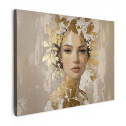 MuchoWow OBRAZ NA PLÁTNĚ Tvář - Žena - Listy - Zlato 80x60 cm