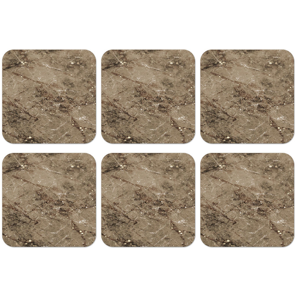 MuchoWow SADA 6 PODTÁCKŮ POD SKLENIČKY Mramor - Hnědá - Třpytky 10x10 cm