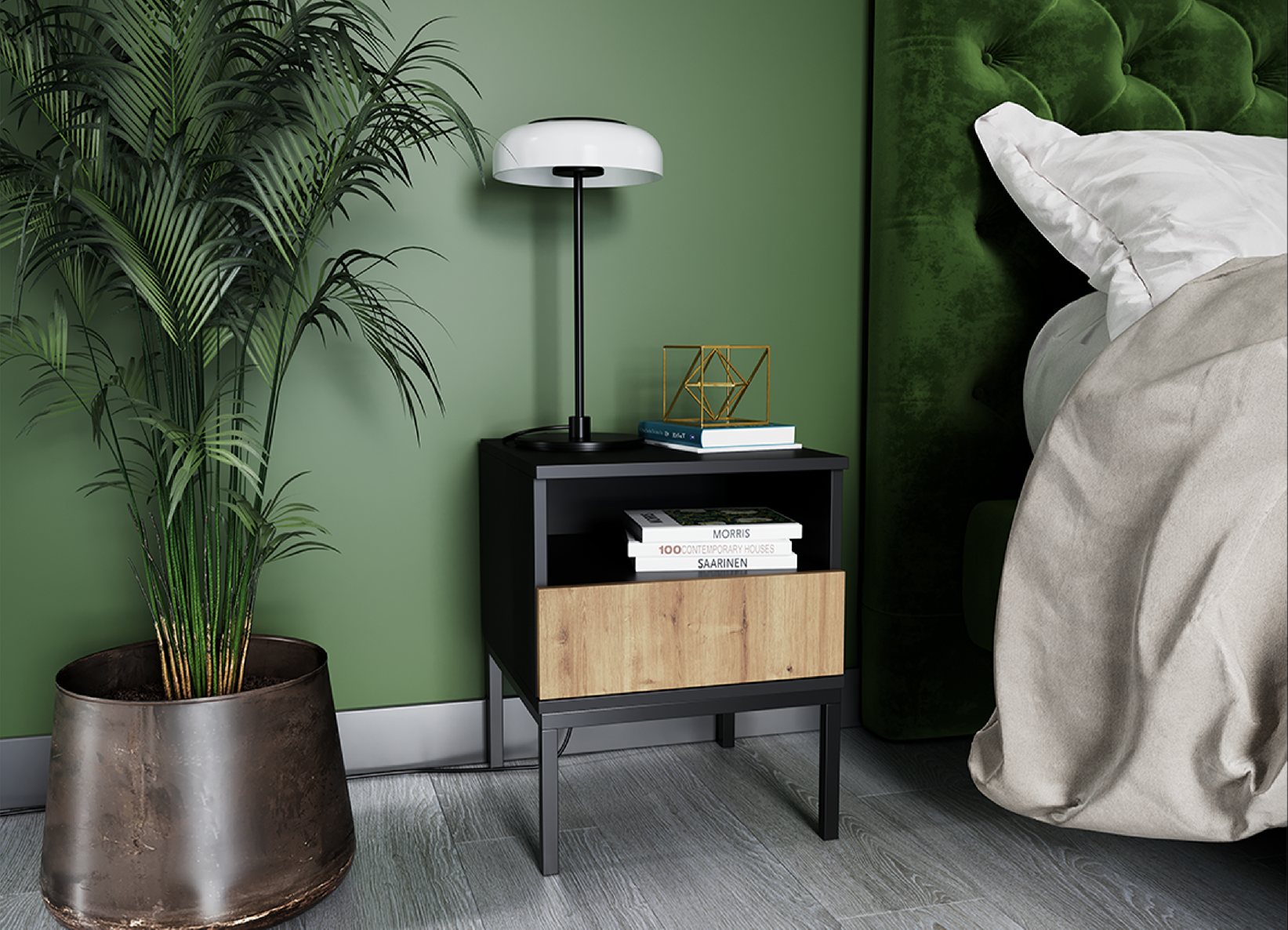 Noční stolek Lanzzi Barva korpusu: Černá, Dveře: Dub-Artisan