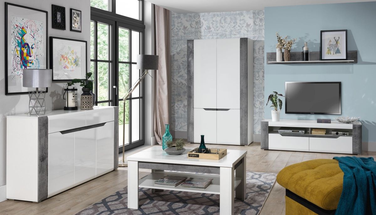 Obývací sestava brando - bílá / beton / bílý lesk