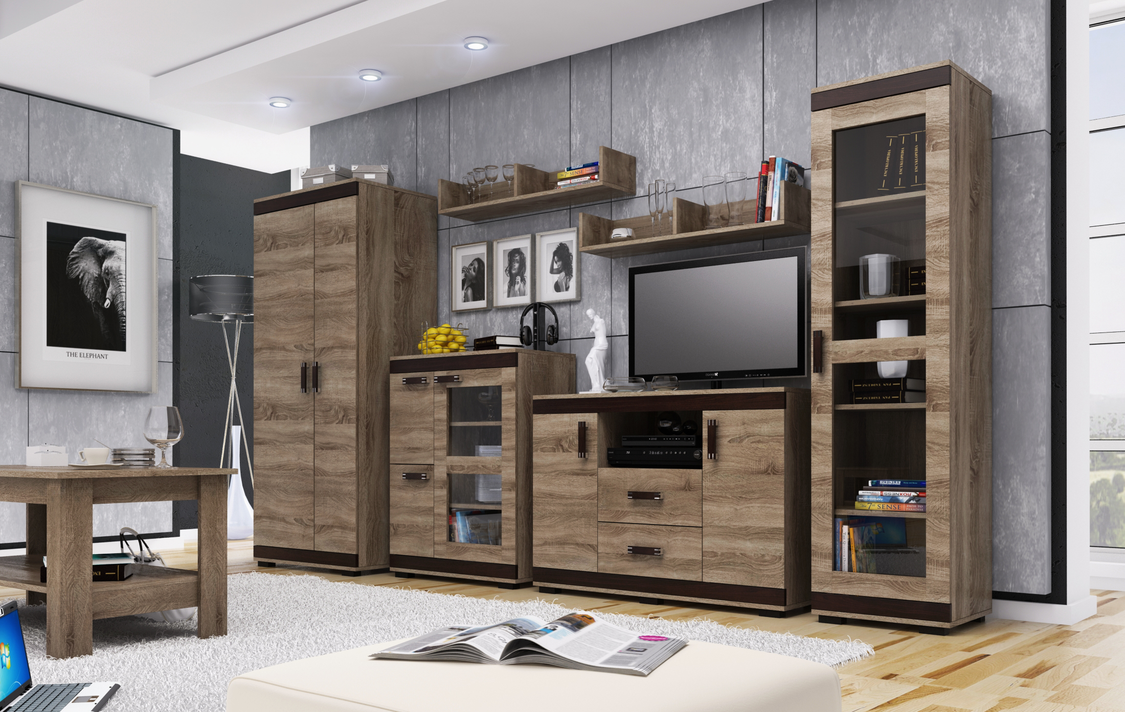 Obývací stěna Dubaj Barva korpusu: Šedá, Lišta: Wenge, Barva dvířek: Šedá