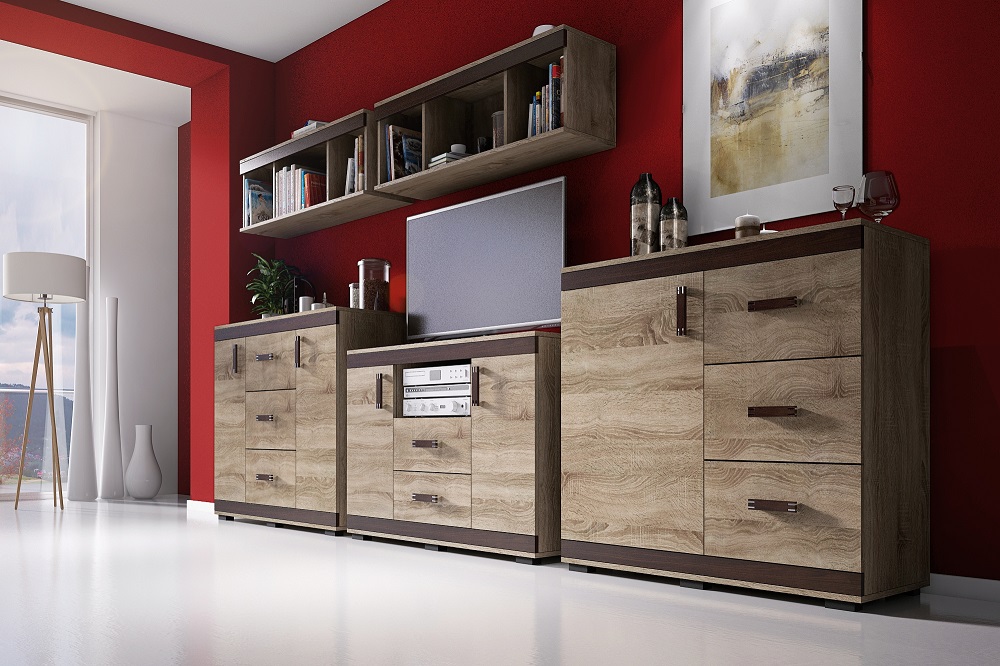 Obývací stěna Relax Barva korpusu: Šedá, Lišta: Wenge, Barva dvířek: Šedá