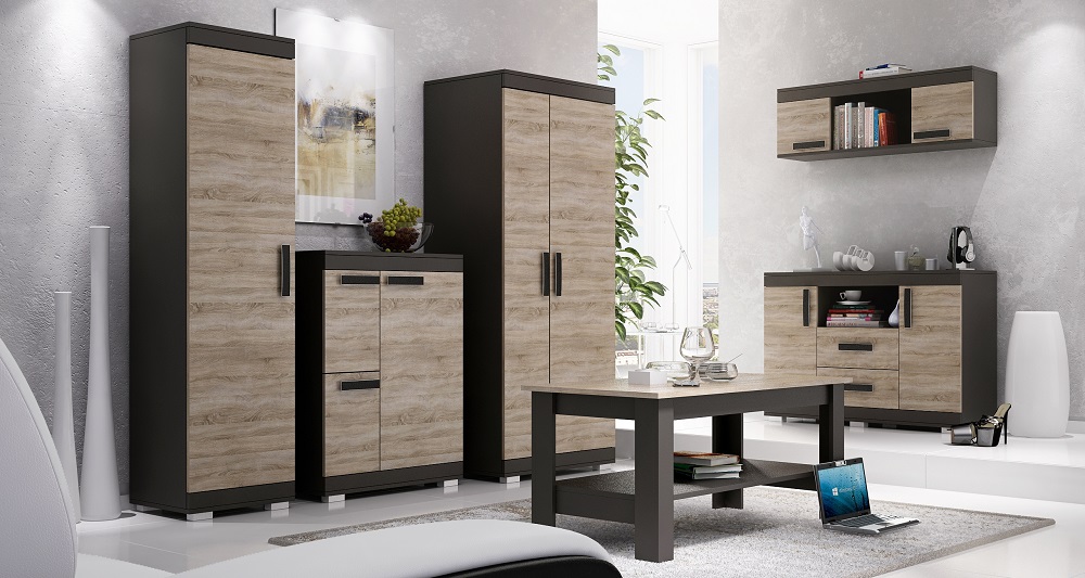 Obývací stěna Rio Barva korpusu: Šedá, Lišta: Wenge, Barva dvířek: Šedá