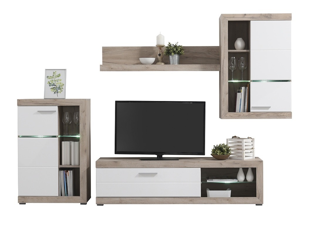 Obývací stěna s osvětlením jonah - bílá/dub šedý