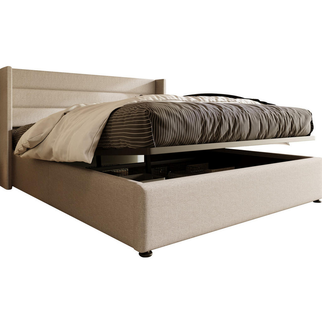 OKWISH ČALOUNĚNÁ postel 160/200 cm béžová ze lnu s matrací a úložným prostorem
