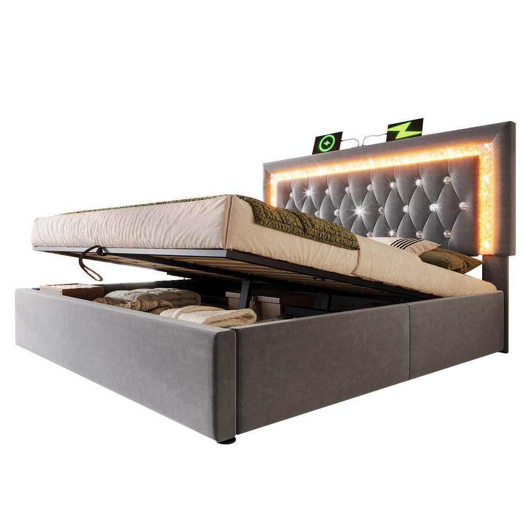 OKWISH ČALOUNĚNÁ postel 160/200 cm šedá ze sametu s LED osvětlením, USB a úložným prostorem