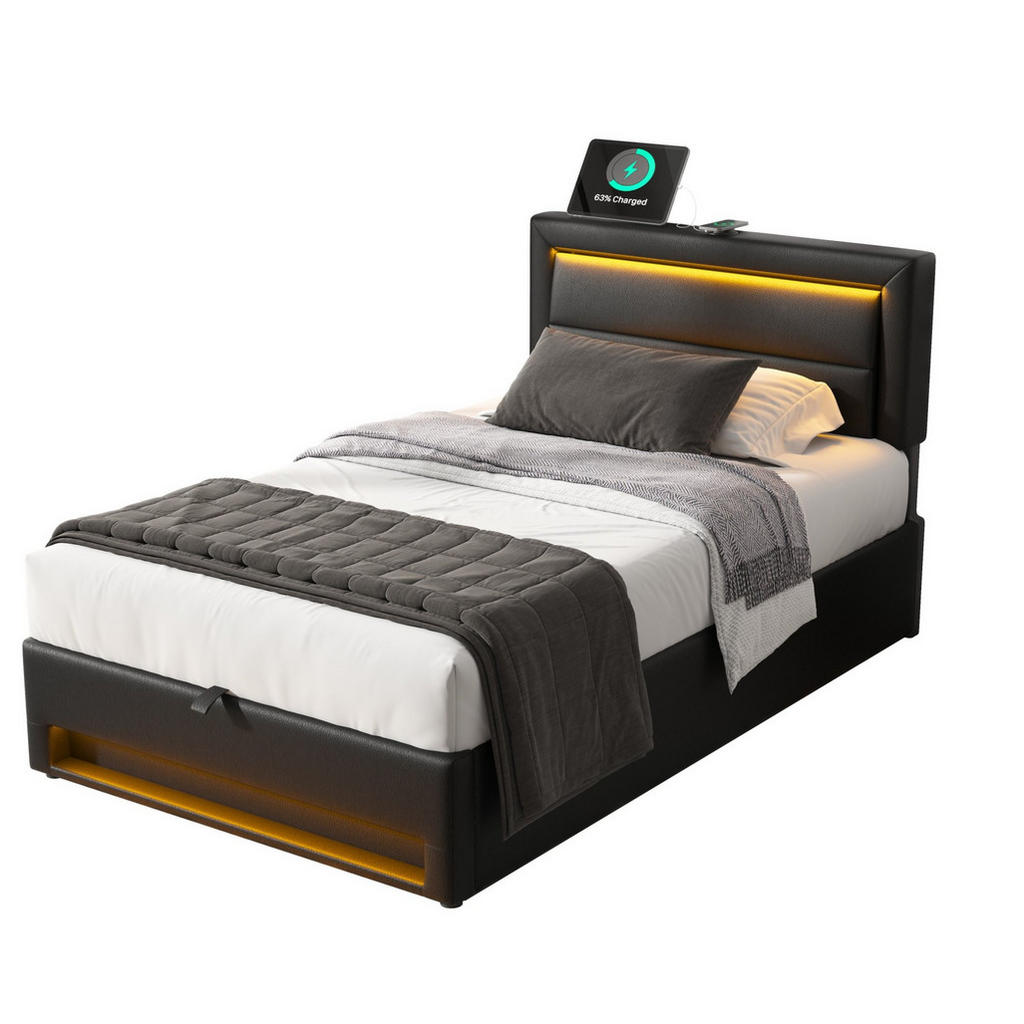 OKWISH ČALOUNĚNÁ postel 90/190 cm černá z PU s LED osvětlením USB a úložným prostorem