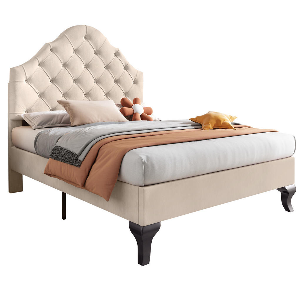 OKWISH ČALOUNĚNÁ postel 90/200 cm béžová ze sametu s nastavitelným čelem a lamelovým roštem