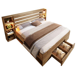 OKWISH DVOULŮŽKOVÁ postel 160/200 cm dubová z kovu a dřeva s LED osvětlením, USB a úložným čelem