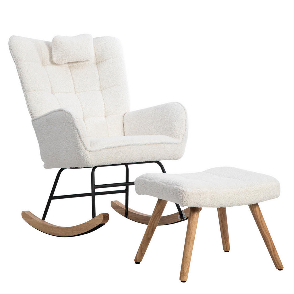 OKWISH HOUPACÍ křeslo 65/47/92 cm bílé z látky imitace beránčí kůže s podhlavníkem a podnožkou