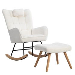 OKWISH HOUPACÍ křeslo 65/47/92 cm bílé z látky imitace beránčí kůže s podhlavníkem a podnožkou