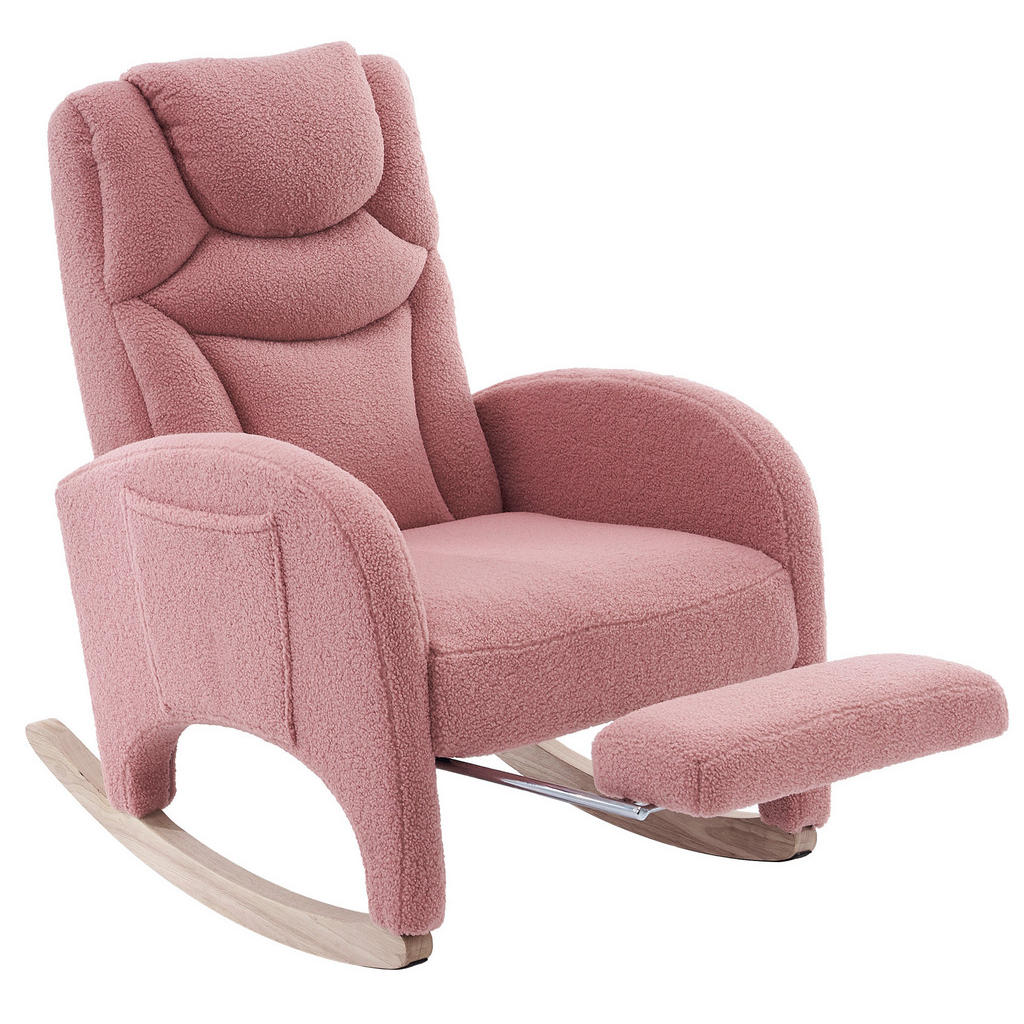 OKWISH HOUPACÍ křeslo 66/125/101 cm růžové z imitace beránčí kůže s podhlavníkem a výklopnou podnožkou