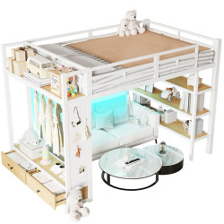 OKWISH PATROVÁ postel 140/200 cm bílá z MDF a kovu s úložným prostorem a LED diodou