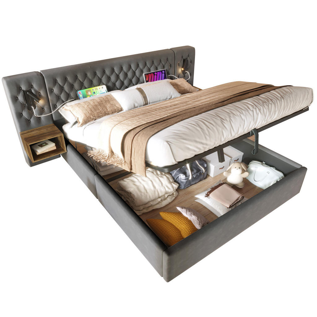 OKWISH POSTEL 160/200 cm šedá ze sametu s úložným prostorem, matrací, nočními stolky a USB