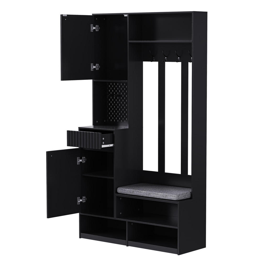 OKWISH PŘEDSÍŇOVÁ sestava 100/180/35 cm černá z MDF s lavicí, háčky a úložným prostorem