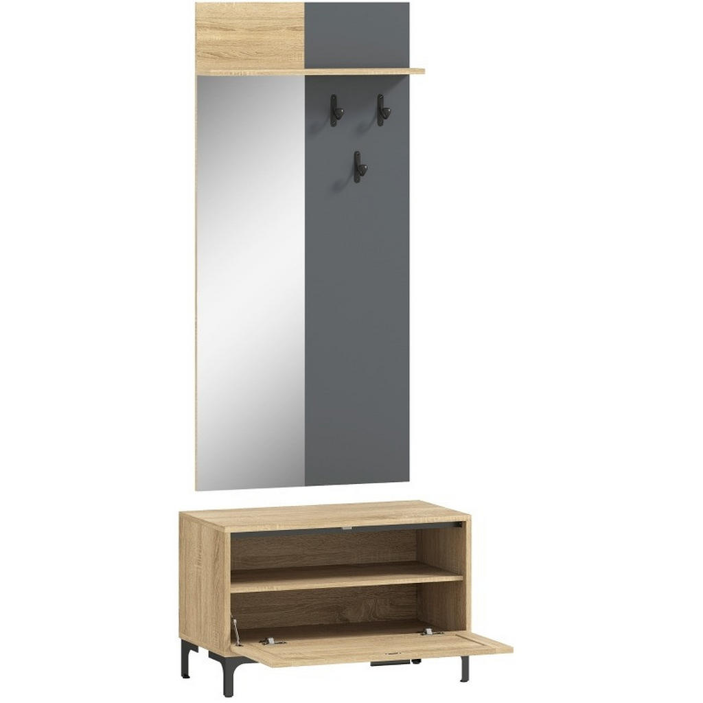 OKWISH PŘEDSÍŇOVÁ sestava 60/13,5/127,5 cm přírodní dřevo a šedá z MDF s věšákem, zrcadlem a botníkem