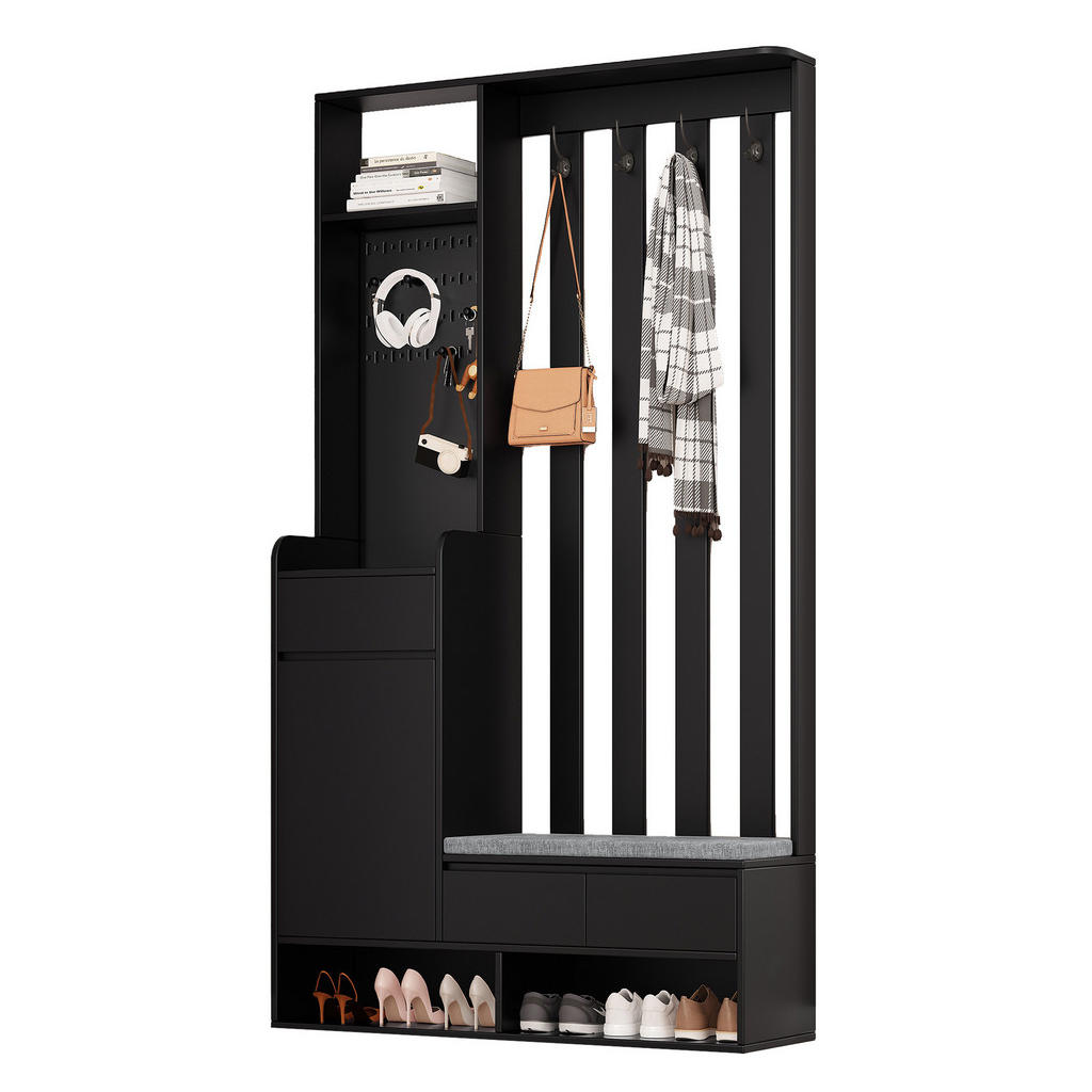 OKWISH PŘEDSÍŇOVÁ stěna 180/100/35 cm černá z MDF s lavicí a perforovanou deskou