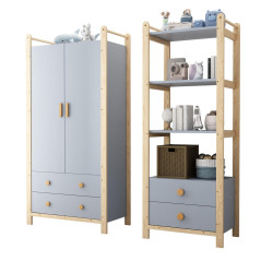 OKWISH ŠATNÍ skříň a regál 90/44/180,5 cm modrá a přírodní z borovice a MDF s tyčí a zásuvkami