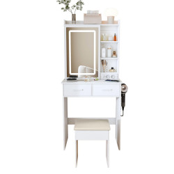 OKWISH TOALETNÍ stolek 60/36/136 cm bílý z MDF s LED osvětlením, USB porty a úložným prostorem
