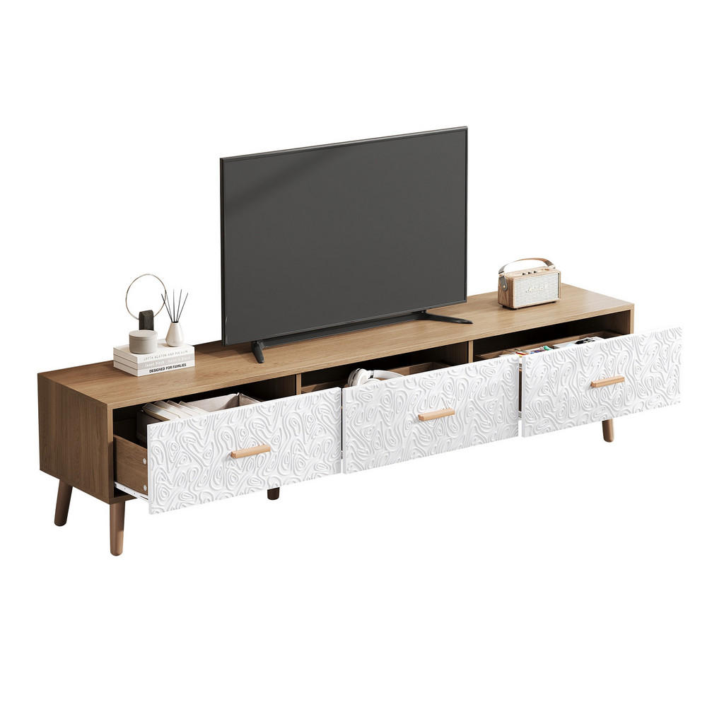 OKWISH TV stolek 150/39/35 cm bílá, světlé dřevo z dřevotřísky s retro úložným prostorem