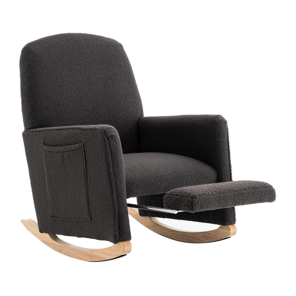 OKWISH VÝKYVNÉ křeslo 67/126/98 cm tmavě šedé z imitace beránčí kůže s vysokým opěradlem a integrovaným pufem