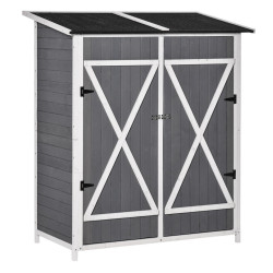 Outsunny ZAHRADNÍ SKŘÍŇ, kůlna na nářadí se 2 dveřmi, protiskluzový design, smrkové dřevo, šedá+bílá