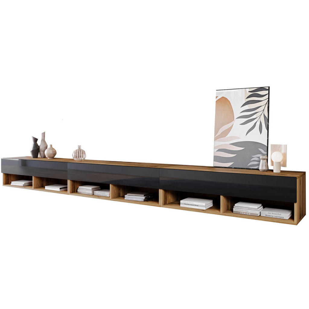 P & B NÍZKÁ KOMODA, dub wotan, vysoce lesklá černá, 300/30/31 cm