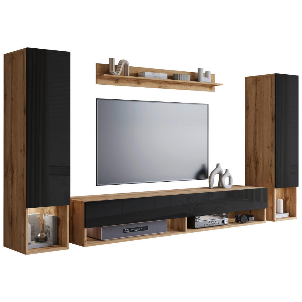 P & B OBÝVACÍ STĚNA, dub wotan, vysoce lesklá černá