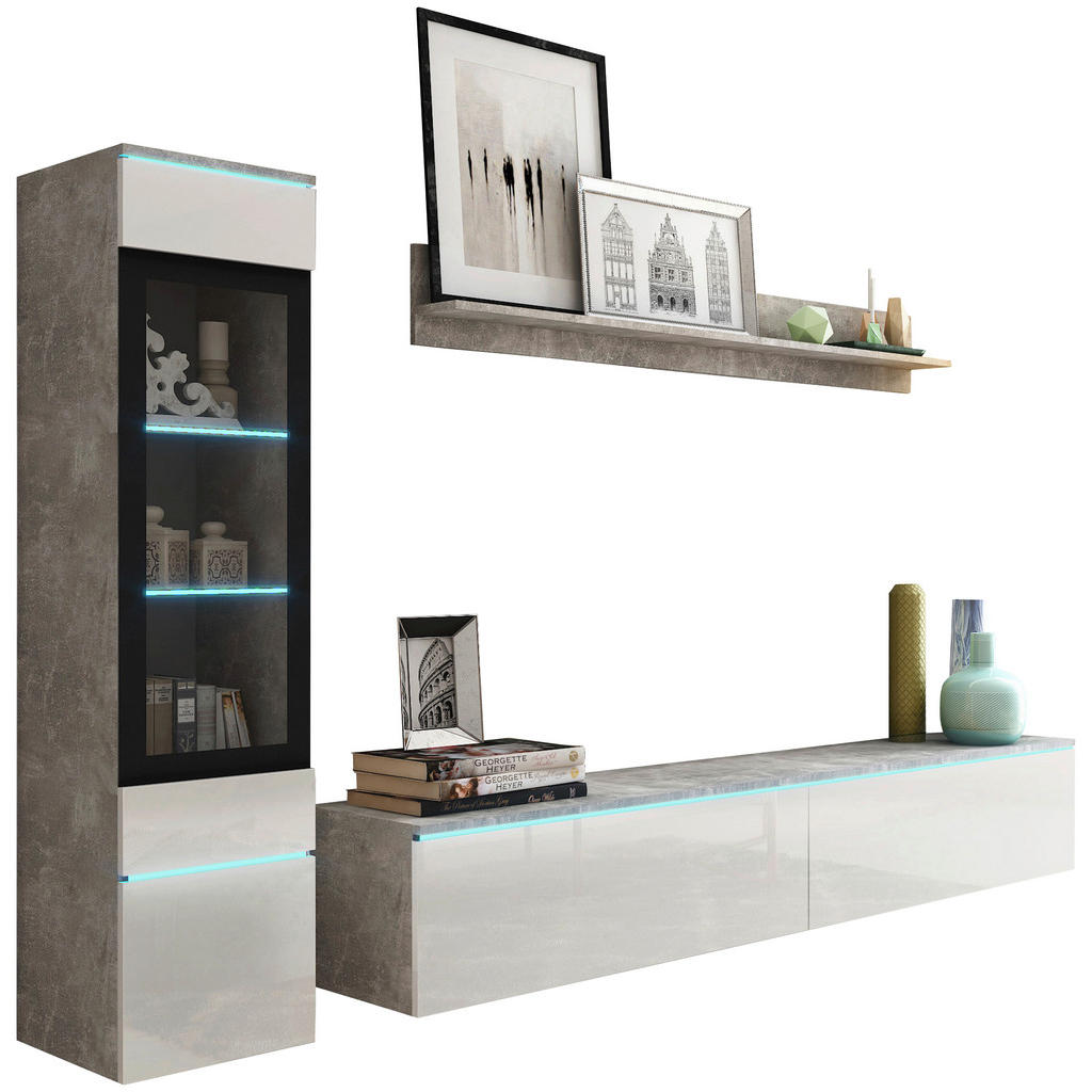 P & B OBÝVACÍ STĚNA, vysoce lesklá bílá, šedá