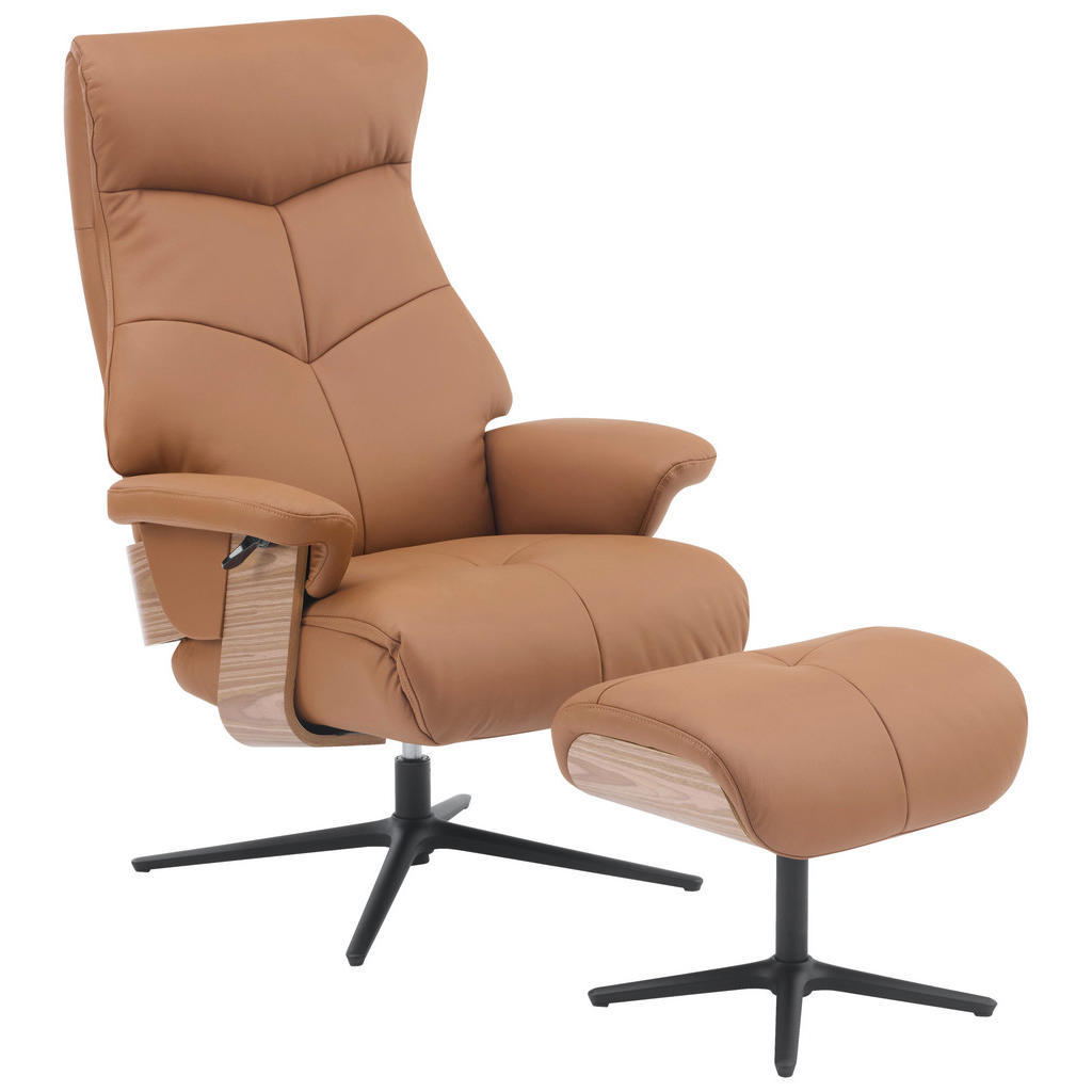 P & B RELAXAČNÍ KŘESLO S TABURETEM, dřevo, textil, kůže, hnědá