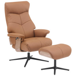 P & B RELAXAČNÍ KŘESLO S TABURETEM, dřevo, textil, kůže, hnědá