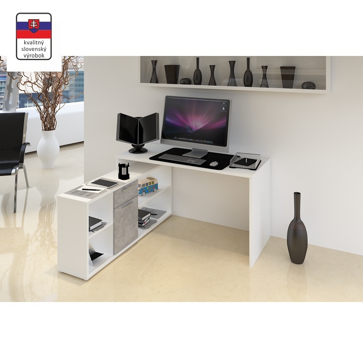 Pc stůl, bílá / beton, noe new