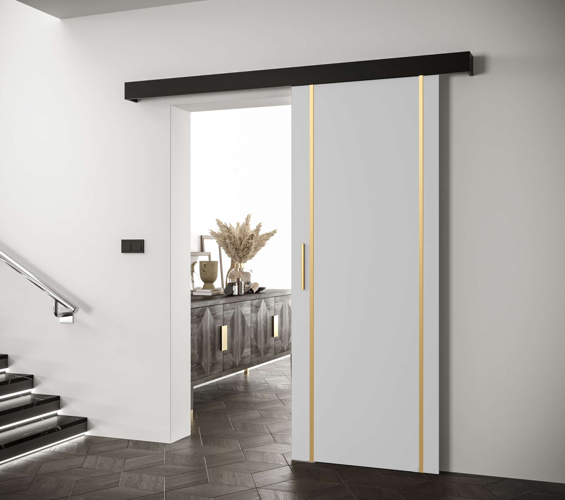 Posuvné dveře Salwador IX Dveře: Bíle mat, Pásky / úchyty: Stříbrné, Horní pojezdová lišta: Dub artisan