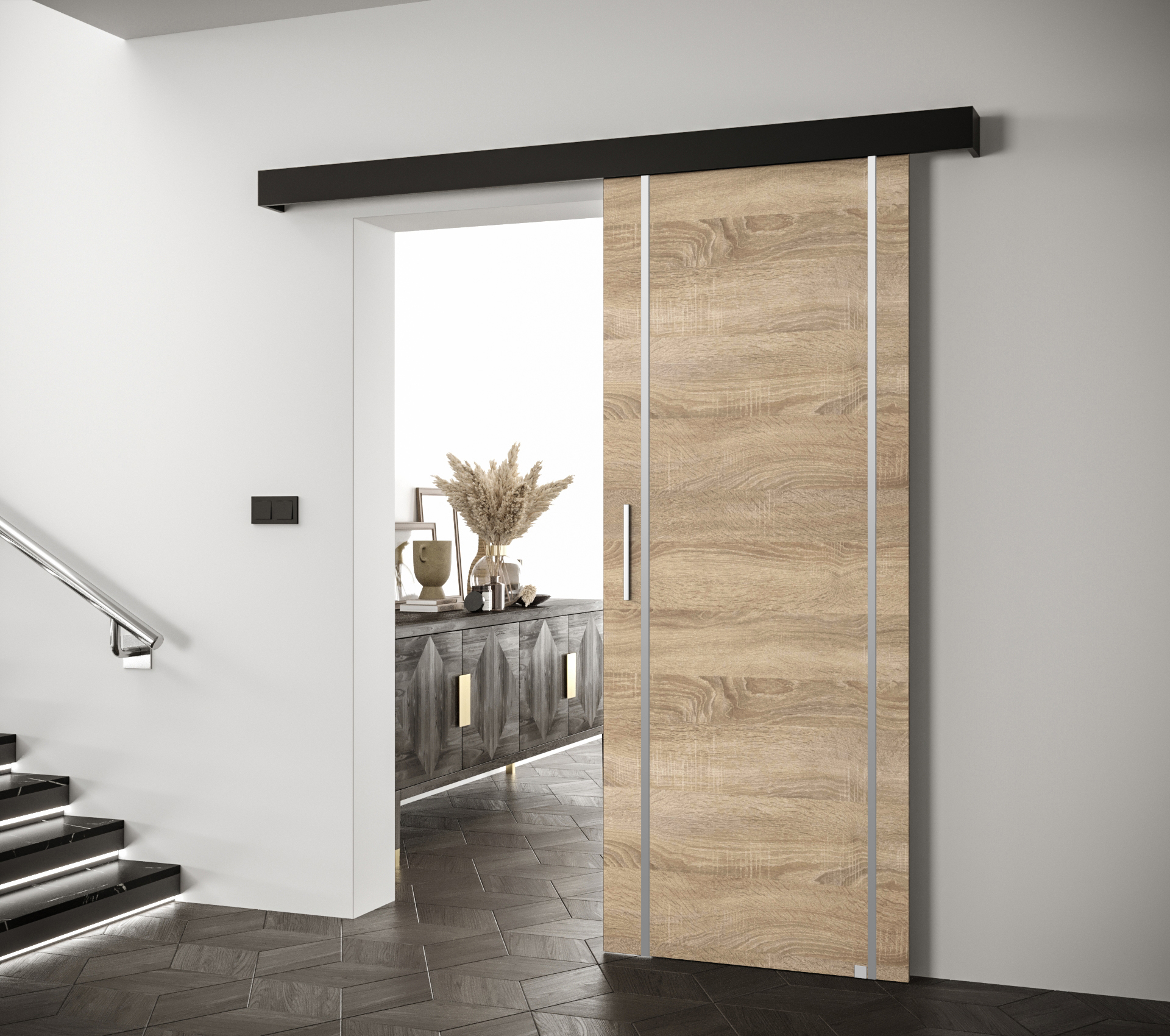 Posuvné dveře Salwador IX Dveře: Dub sonoma, Pásky / úchyty: Stříbrné, Horní pojezdová lišta: Bílá