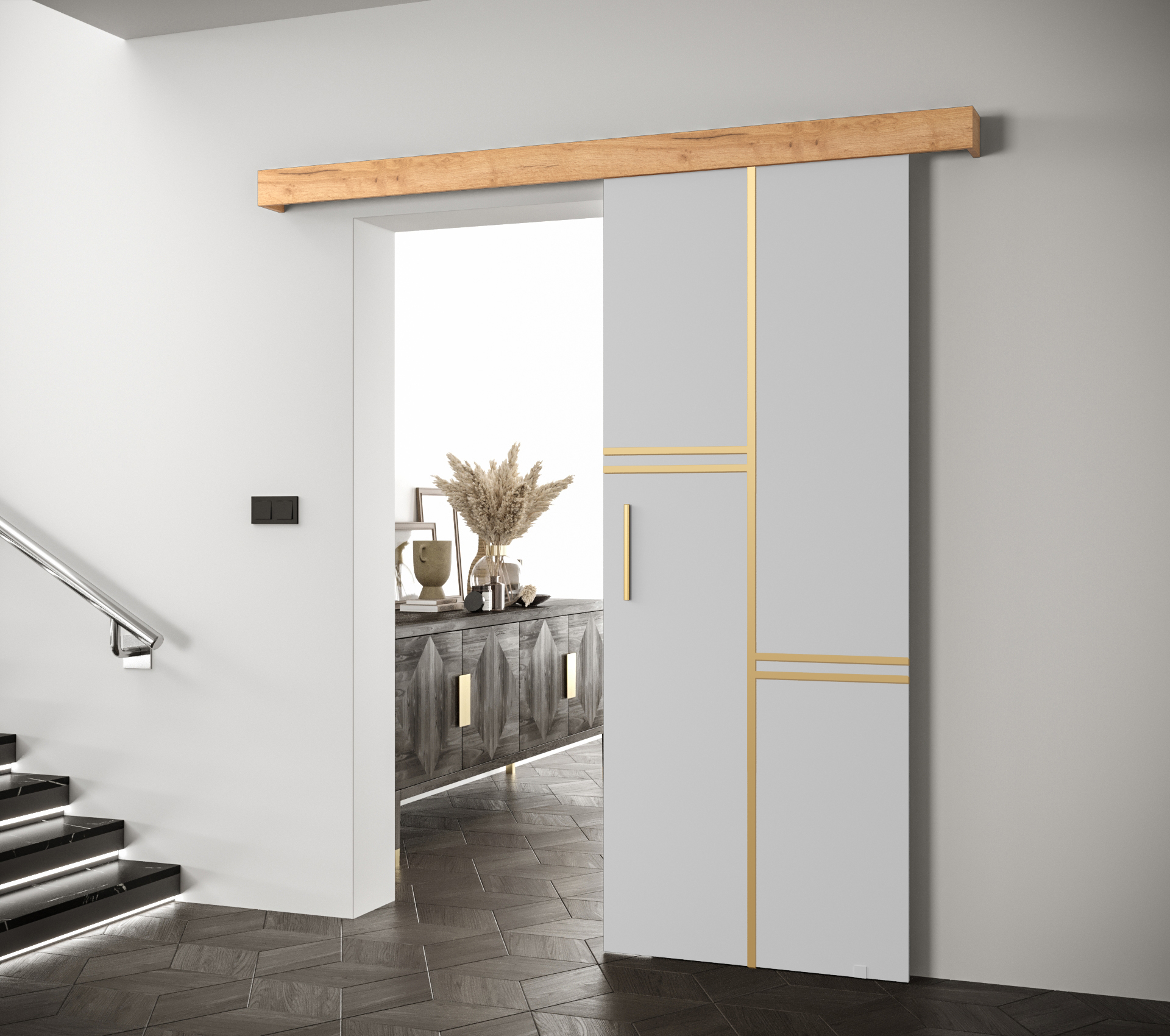 Posuvné dveře Salwador VIII Dveře: Bíle mat, Pásky / úchyty: Stříbrné, Horní pojezdová lišta: Dub artisan