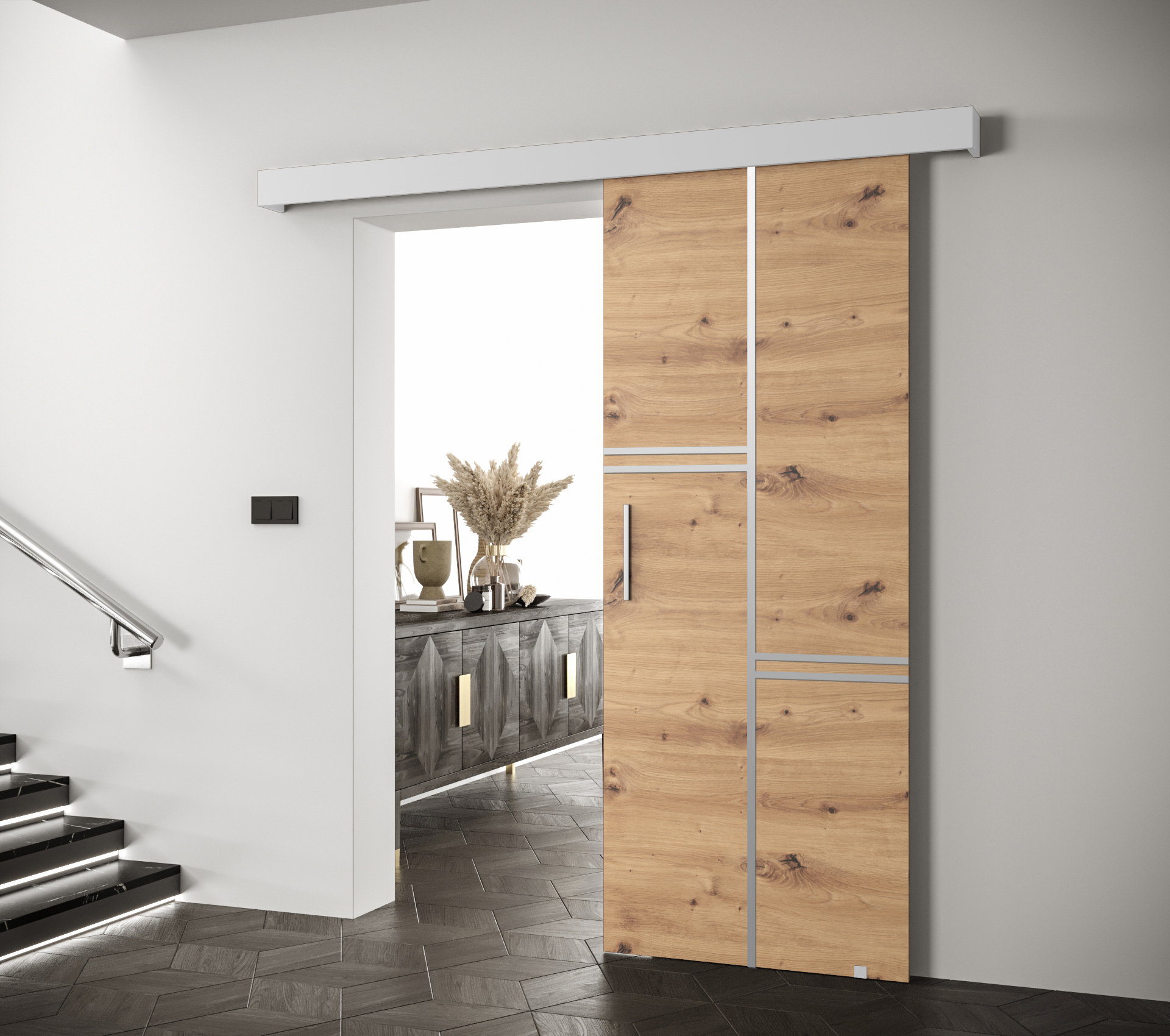Posuvné dveře Salwador VIII Dveře: Dub artisan, Pásky / úchyty: Stříbrné, Horní pojezdová lišta: Dub artisan