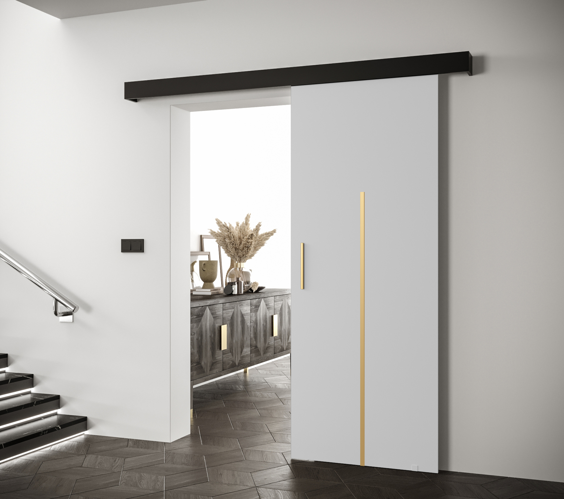 Posuvné dveře Salwador X Dveře: Bíle mat, Pásky / úchyty: Stříbrné, Horní pojezdová lišta: Dub artisan